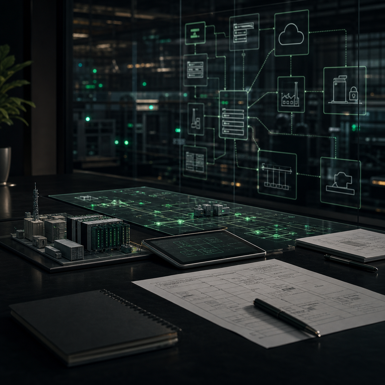 Architecture review table with systems model and topology visuals