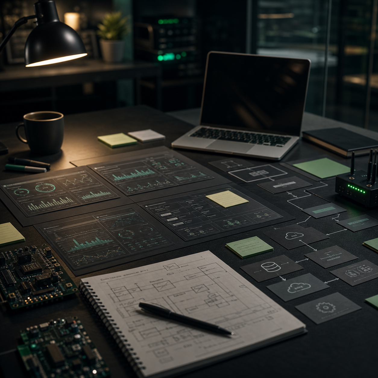 Custom software scoping desk with workflow cards and planning materials