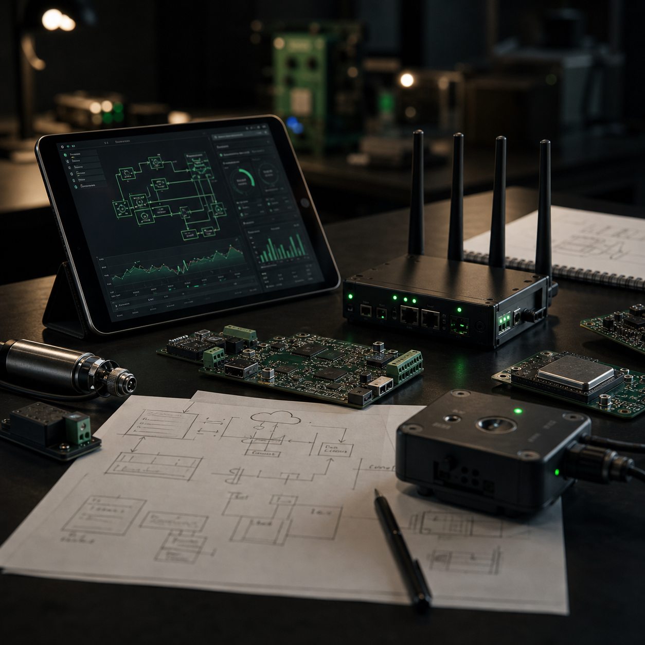 IoT platform planning workspace with gateway hardware and platform sketches