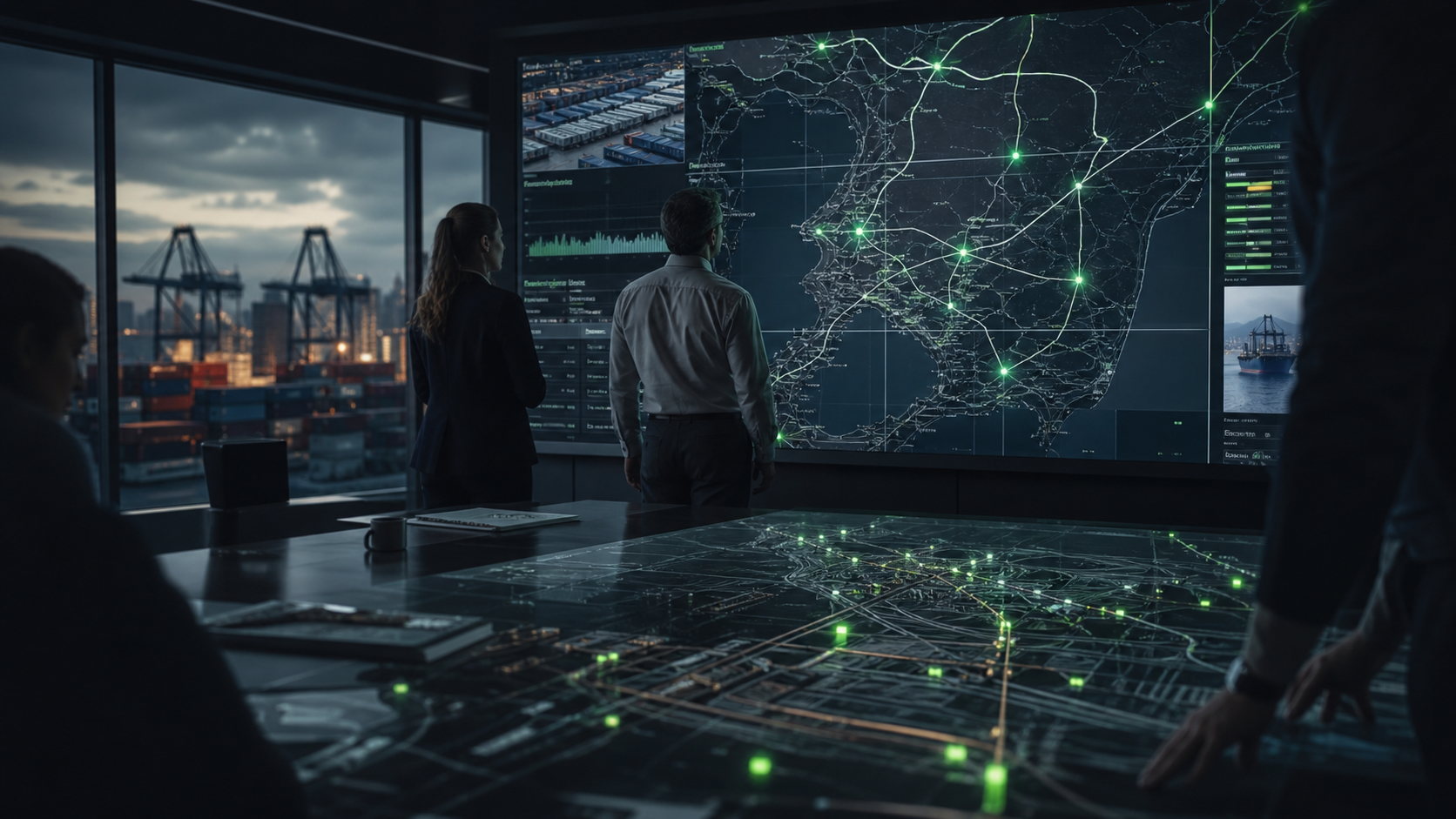 Operations planning room with a large systems map and logistics context