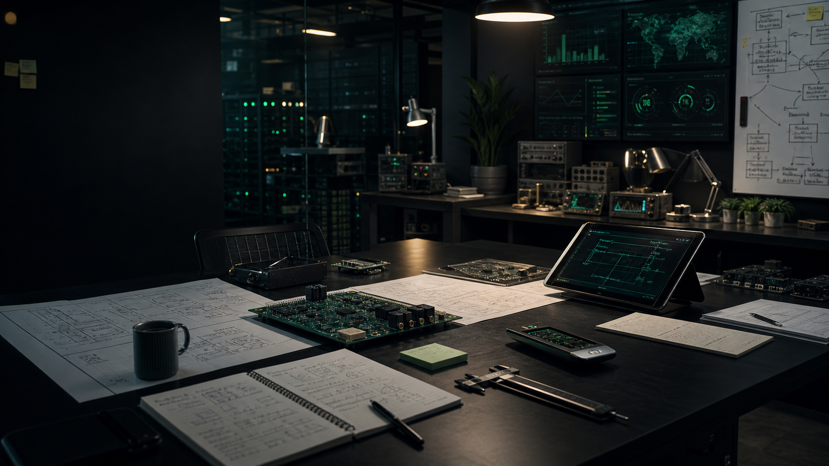 Technical assessment workspace with hardware, schematics, and diagnostics