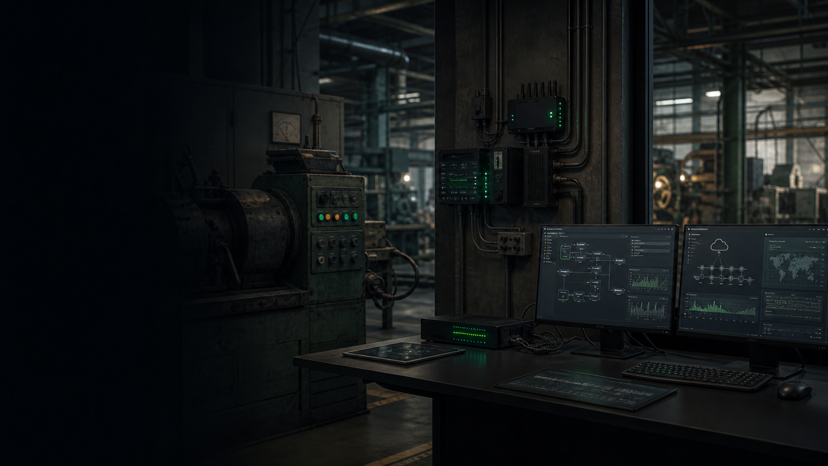 Legacy industrial equipment connected to modern monitoring infrastructure