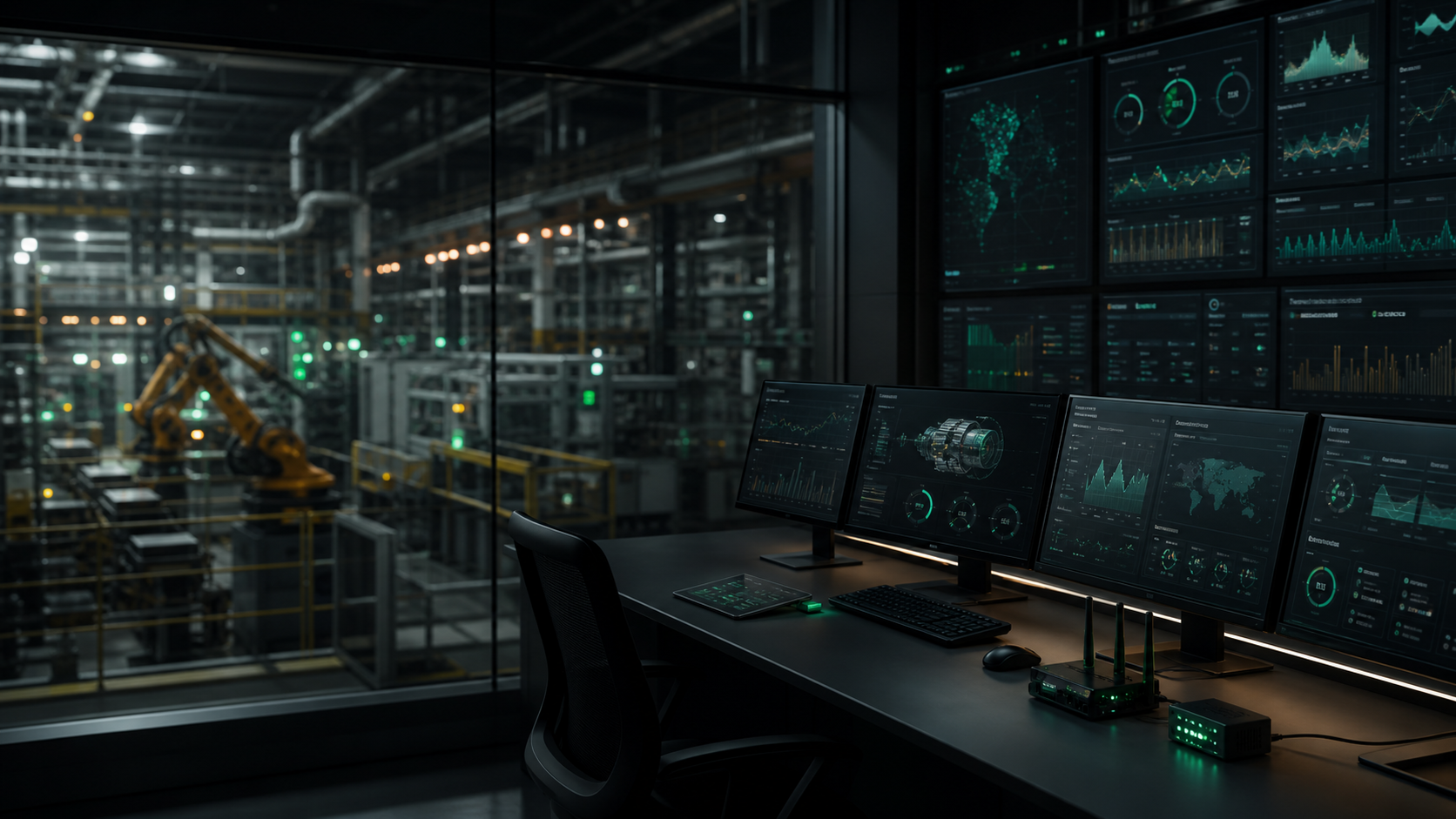 Industrial control room overlooking a connected factory floor